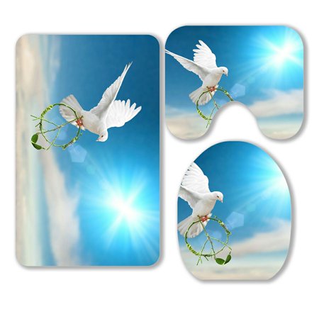 ABPHQTO White Dove Green Branch Pacification Sign Shape Flying Blue Sky 3 Piece Bathroom Rugs Set Bath Rug Contour Mat and Toilet Lid Cover
