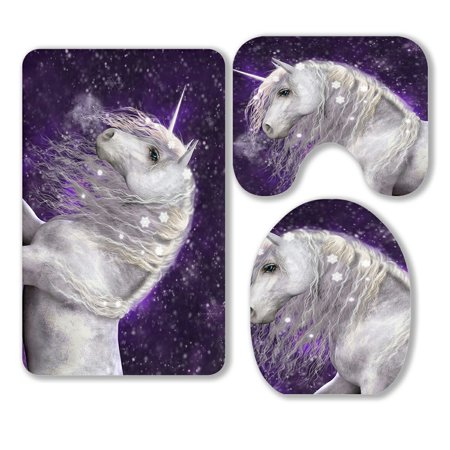 ABPHQTO White Unicorn With Falling Snow 3 Piece Bathroom Rugs Set Bath Rug Contour Mat and Toilet Lid Cover