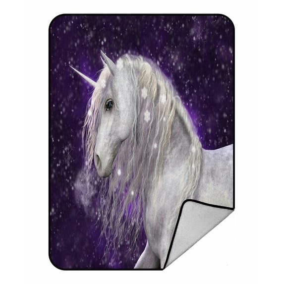 ABPHQTO White Unicorn With Falling Snow Fleece Blanket Fleece Back Throw Blanket 58x80 Inch
