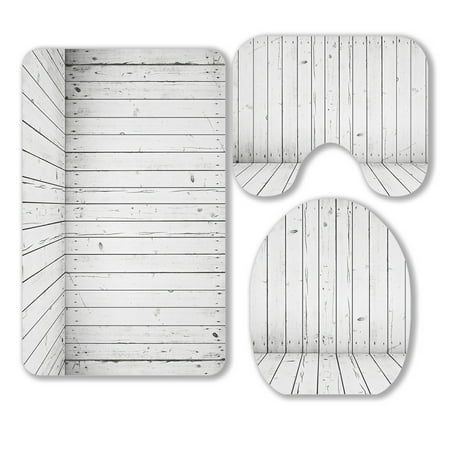 ABPHQTO White Wooden Room 3 Piece Bathroom Rugs Set Bath Rug Contour Mat and Toilet Lid Cover