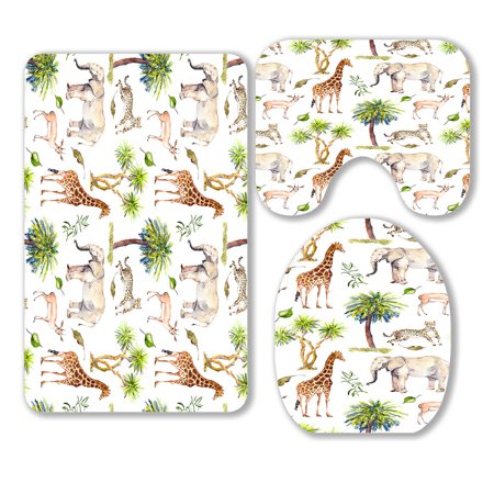 ABPHQTO Wild Animals Giraffe Elephant Cheetah Antelope Savannah Palm Trees 3 Piece Bathroom Rugs Set Bath Rug Contour Mat and Toilet Lid Cover