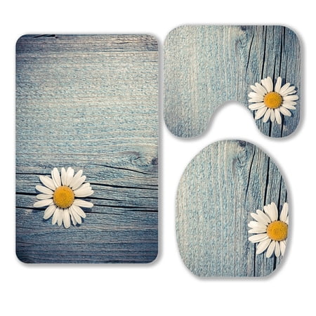 ABPHQTO Wild Chamomile Flower On Blue Wooden Floral Rural 3 Piece Bathroom Rugs Set Bath Rug Contour Mat and Toilet Lid Cover
