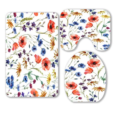 ABPHQTO Wildflowers Poppy Cornflower Chamomile 3 Piece Bathroom Rugs Set Bath Rug Contour Mat and Toilet Lid Cover