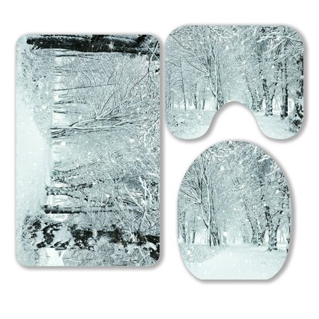 ABPHQTO Winter Forest Snow Trees Floor 3 Piece Bathroom Rugs Set Bath Rug Contour Mat and Toilet Lid Cover