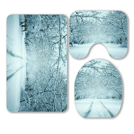 ABPHQTO Winter Landscape 3 Piece Bathroom Rugs Set Bath Rug Contour Mat and Toilet Lid Cover