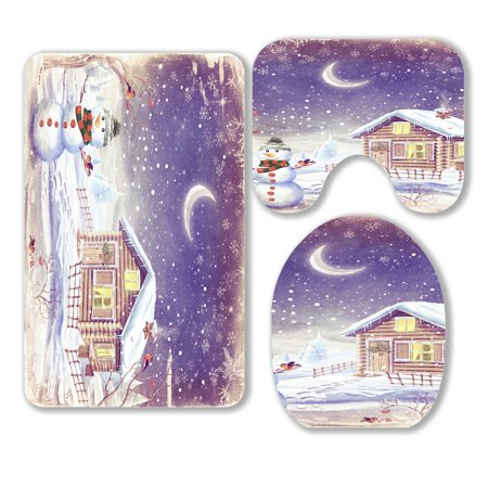 ABPHQTO Winter Landscape Christmas Scene Snowman House 3 Piece Bathroom Rugs Set Bath Rug Contour Mat and Toilet Lid Cover