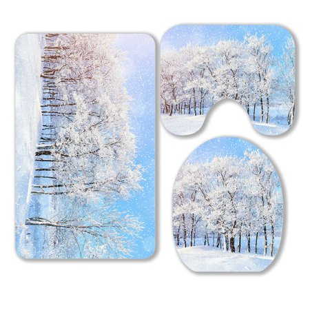 ABPHQTO Winter Landscapesnow Wonderland Forest Snowfall Sunlight 3 Piece Bathroom Rugs Set Bath Rug Contour Mat and Toilet Lid Cover