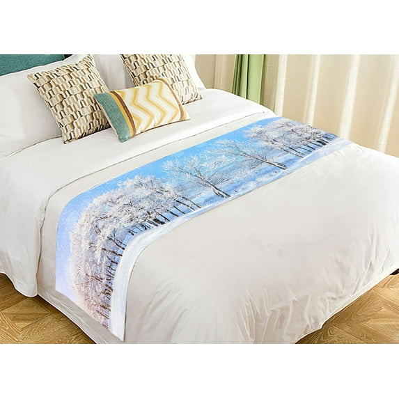 ABPHQTO Winter Landscapesnow Wonderland Forest Snowfall Sunlight Bed Runner Bedding Scarf Bed Decoration 20x95 inch