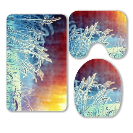 ABPHQTO Winter Scene Frozenned Flower Pine Forest And Sunset 3 Piece Bathroom Rugs Set Bath Rug Contour Mat and Toilet Lid Cover