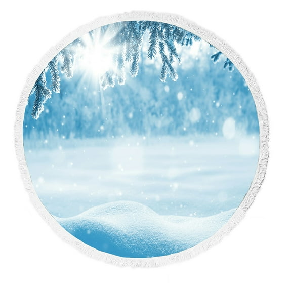 ABPHQTO Winter Snow Drifts Christmas Tree Frost Round Beach Blanket with Tassels Beach Throw Towel Yoga Mat Picnic Blanket