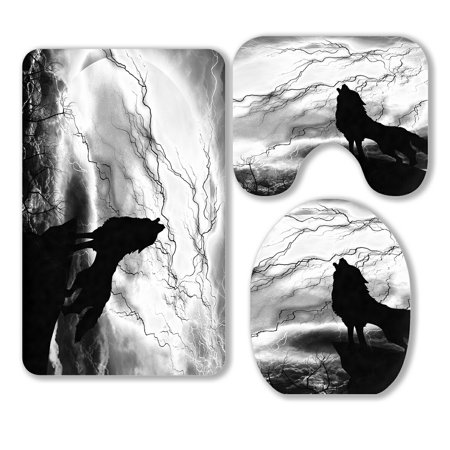 ABPHQTO Wolf In Silhouette Howling To Thunderstorm 3 Piece Bathroom Rugs Set Bath Rug Contour Mat and Toilet Lid Cover