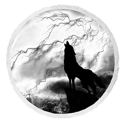 ABPHQTO Wolf In Silhouette Howling To Thunderstorm Beach Towel Beach Blanket with Tassels Beach Throw Towel Yoga Mat Picnic Blanket
