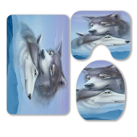 ABPHQTO Wolf Oil Painting 3 Piece Bathroom Rugs Set Bath Rug Contour Mat and Toilet Lid Cover