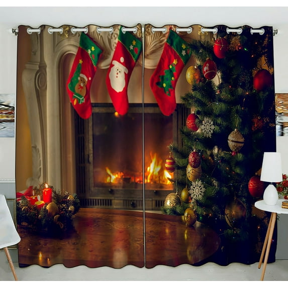 ABPHQTO Wooden Table Front Fireplace Christmas Tree Grommet Blackout Curtain Room Darkening Curtains 52x84 inch (Two Piece)
