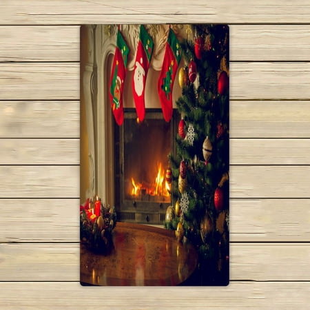 ABPHQTO Wooden Table Front Fireplace Christmas Tree Towels Beach Bath Pool Sprot Travel Hand Spa Towel 16x28 Inch