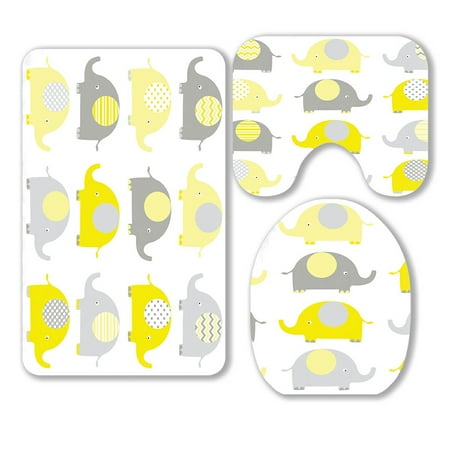 ABPHQTO Yellow Grey Cute Elephant 3 Piece Bathroom Rugs Set Bath Rug Contour Mat and Toilet Lid Cover