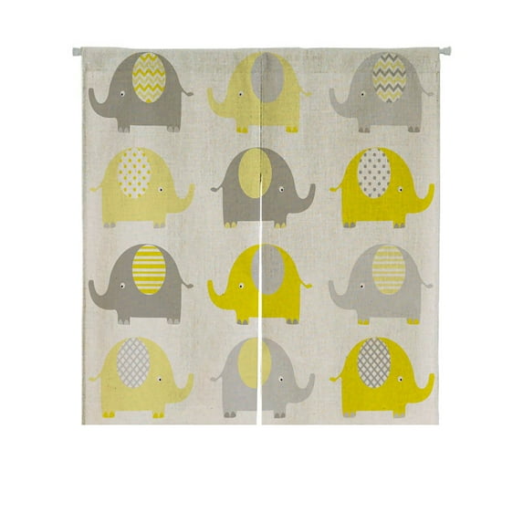 ABPHQTO Yellow Grey Cute Elephant Japanese Noren Curtain Doorway Door Window Treatment Curtains Cotton Linen Curtain 85x90 cm