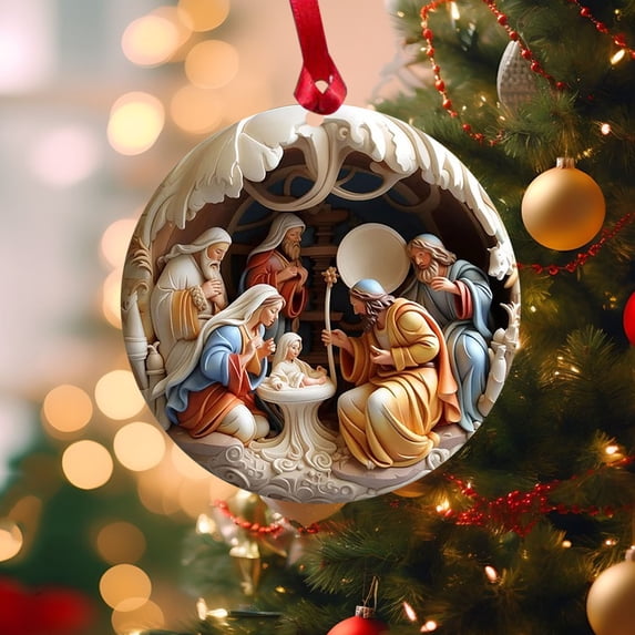 ABPWLY Christmas Nativity Scene Ceramic Hanging Ornaments, Round Ceramic Tree Ornaments, Hanging Decorations,Religious Gift for Christmas Tree Home Indoor Decor