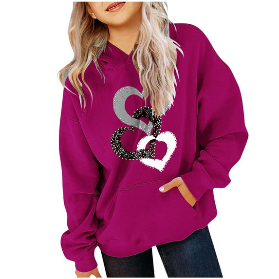 ABPWLY Girls Clothes Sweatshirt Top for Kids Valentines Day Hoodies Teens Loose Pocket Hooded Tops Casual Heart Print Long Sleeve Tops Girls Tops(Size:110)