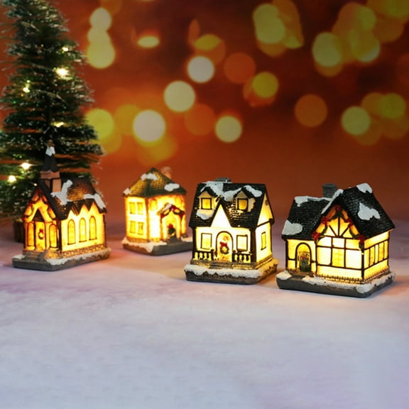 ABPWLY Home Christmas Resin House LED Light Decoration Microscape Gift Craft Warm Light Desktop Home Decor Village Set Christmas Decorations