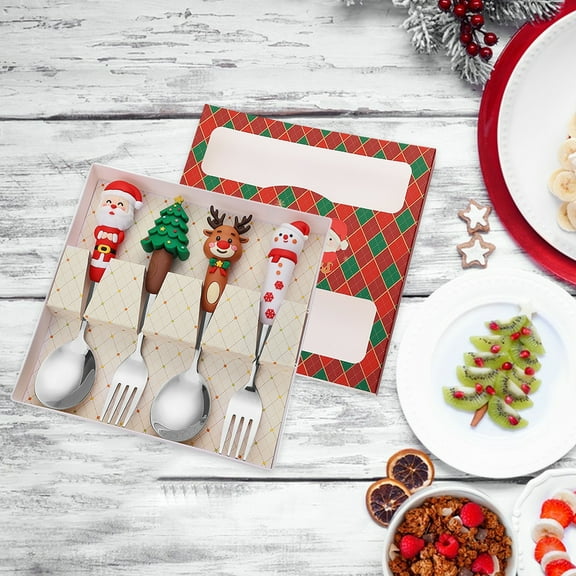 ABPWLY Home Christmas Snowman Spoon and Fork Set Stainless Steel Dessert Cutlery Gift Box Gold Silver 17.5cm Christmas Decor