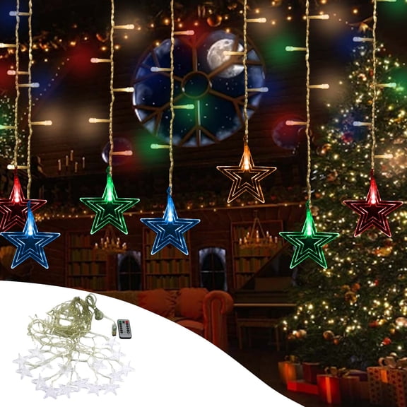 ABPWLY Home Christmas Star Curtain Lights 16 Stars 80 LEDs 11.5ft USB Powered Remote Control 8 Modes Indoor Outdoor Holiday Party Decor Gifts