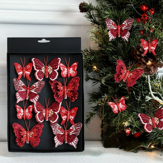 ABPWLY Home Colorful Butterfly Christmas Tree Ornaments 10-Pack Hollow Glitter Clip-On Pendants for Holiday Scene Atmosphere Decor