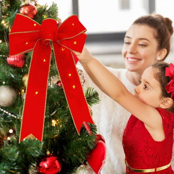 ABPWLY Home Large LED Christmas Wreath Bow Red Velvet Cloth 38x27 cm with Lights Battery Included for Front Door Tree Decoration Holiday Decor