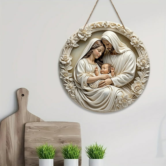 ABPWLY Home Round Wooden Nativity Wall Hanging 7.87x7.87 Inch White Religious Decoration for Home Baptism Christmas Decor Fall Decorations For Home
