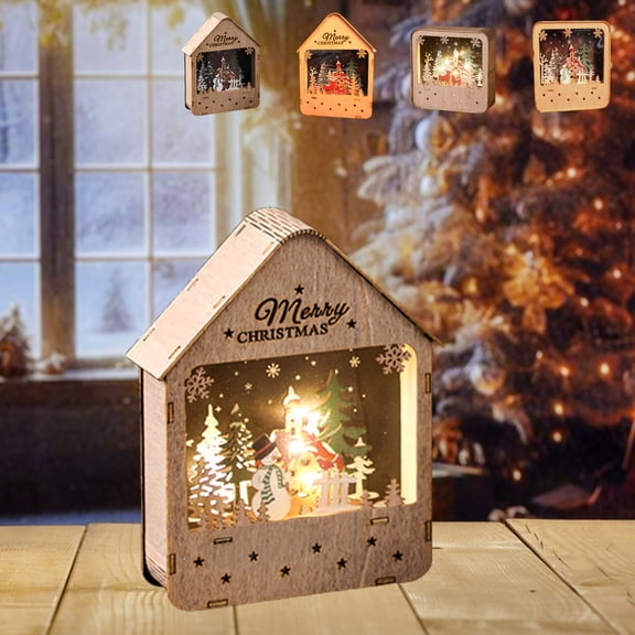 ABPWLY Home Santa Claus Cabin Luminous Wooden House LED Night Light 6x2x6 or 8x1.5x6 Inches Painted Desktop Ornament Home Decor