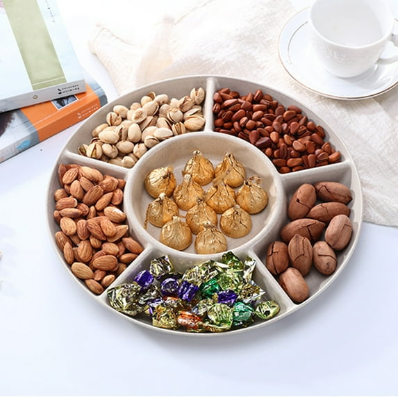 ABPWLY Home Wheat Straw Candy Tray Nut Snacks Fruit Tray Compartment Round Solid Color Snack Organizer Beige Home Decor