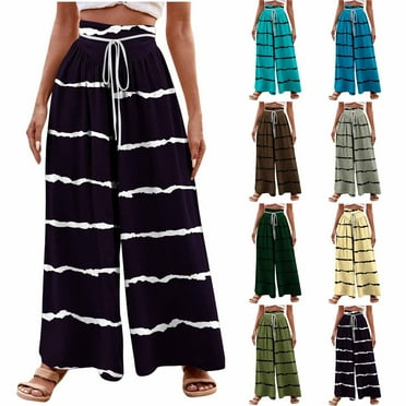 ABPWLY Pants for Women Wide-Leg Pants for Women Casual Drawstring Elastic Waist Fashion Striped Print Palazzo Pants Long Trouser Pants for Women
