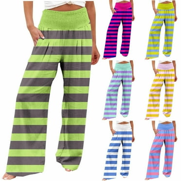 ABPWLY Pants for Women Wide-Leg Pants for Women Casual Striped Print Elastic Waist Loose Flared Pants Long Trousers with Pocket Dress Pants Women