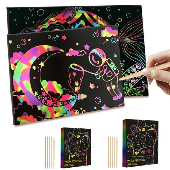 ABPWLY Toys Scratch Paper Art Set 50 Pcs Magic Drawing Notes with 5 Wooden Sticks Crafts Kits for Kids Girls Boys Toy Gift Fidget Toys