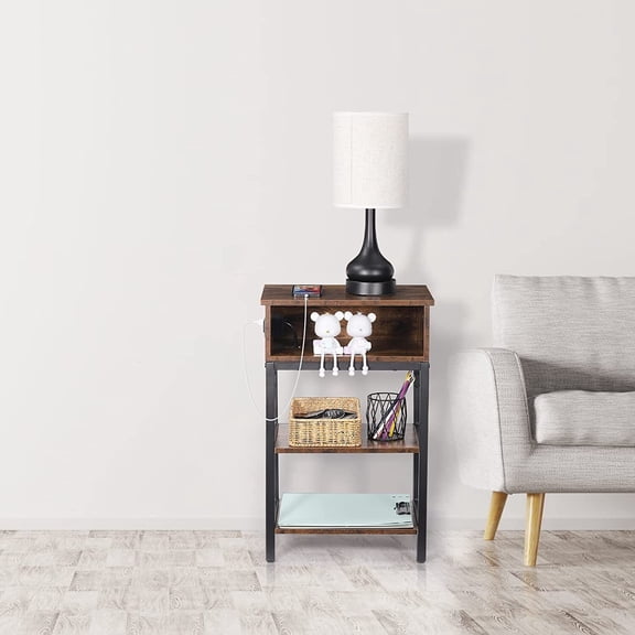 ABQ End Table 3-Tier Narrow Side Table , Nightsatand with Charging Station Brown