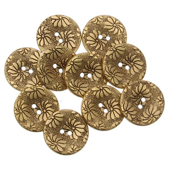 ABS 10pcs ABS Metal Plated Button - 2 Hole - Textured Floral Pattern - 24L(15mm) - Matte Antique Gold