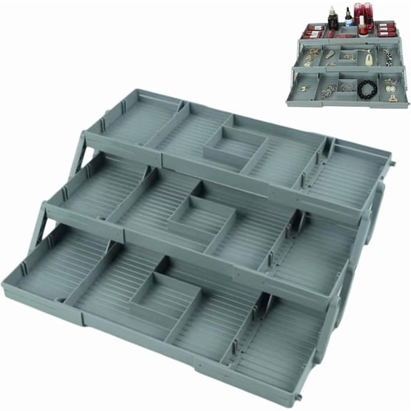 ABS 3-Tier Foldable Vanity Makeup Drawer Organizer with Expandable Compartments, Grey