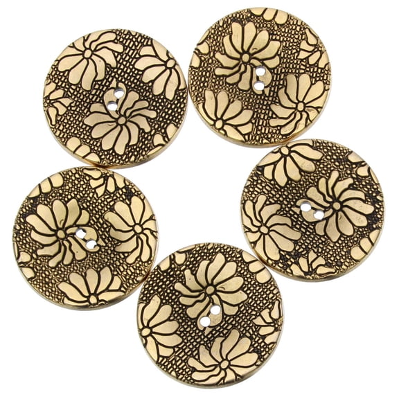 ABS 4pcs ABS Metal Plated Button - 2 Hole - Textured Floral Pattern - 50L(32mm) - Matte Antique Gold