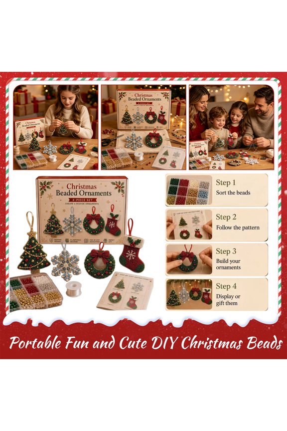 ABS Christmas DIY Bead Craft Kit, 4‑Pattern Handmade Beaded Ornaments Set for Holiday Decor & Group Craft Activity Holiday Gift for Adults Craft Lovers & Beginners