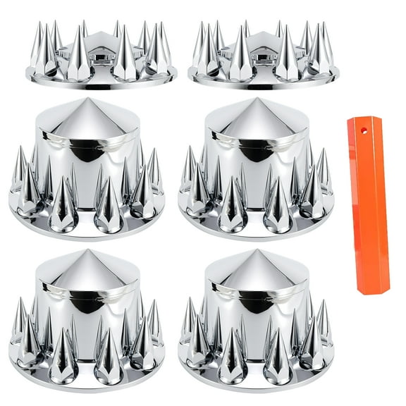 ABS Chrome Plastic Front Axle and Rear Cover Kits with 33mm Thread-on Flange Nut Covers for Semi Trucks in Pairs (Spiked, 2+4 Set)