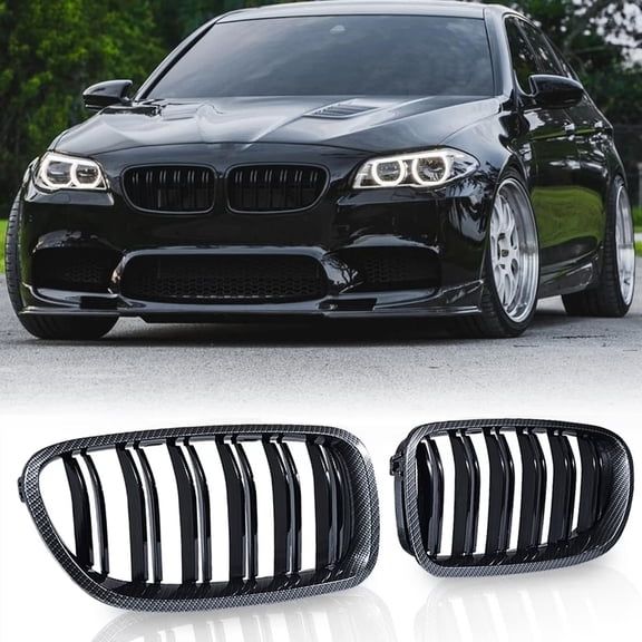 ABS Dual Slats Front Kidney Grill Grille For 2010-2017 BMW M5 F10 F11 528i 535i 550i, Carbon Fiber Pattern, 1 Pair
