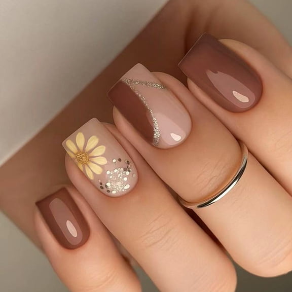 ABS False Nails With Autumn Daisys Patterns Comfortable Adhesive Nails Tips For Daily Use Or Special Event