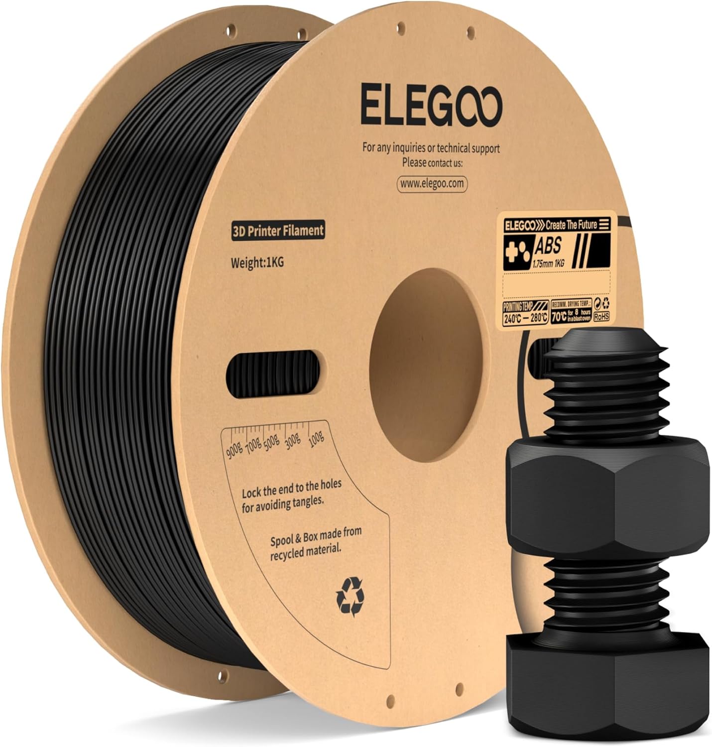 ABS Filament 1.75mm Black 1KG, Heat Resistant 3D Printer Filament High Toughness & Impact Resistance, 1kg spooll(2.2lbs) Fits for Most FDM Printer