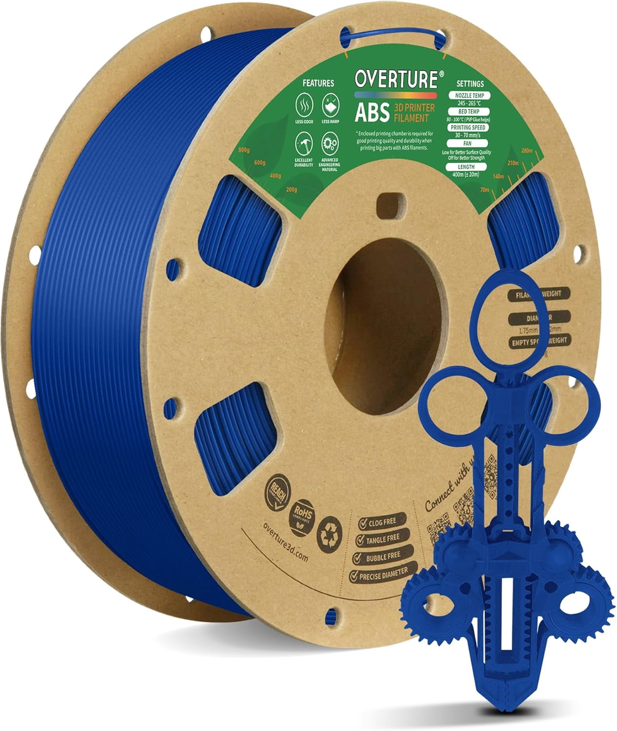 ABS Filament 1.75mm, High Strength & Heat-Resistant 3D Printer Filament, Low Warping, Excellent Durability, ABS 1kg (2.2lbs) Cardboard Spool, High Precision +/- 0.02mm (Blue)