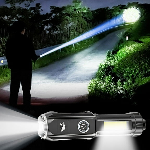 ABS Focusing Flashlight with COB Side Light, USB Rechargeable Strong Beam for Outdoor Camping Home Use, 3 Mode Telescopic Zoom for Emergency Power Bank
