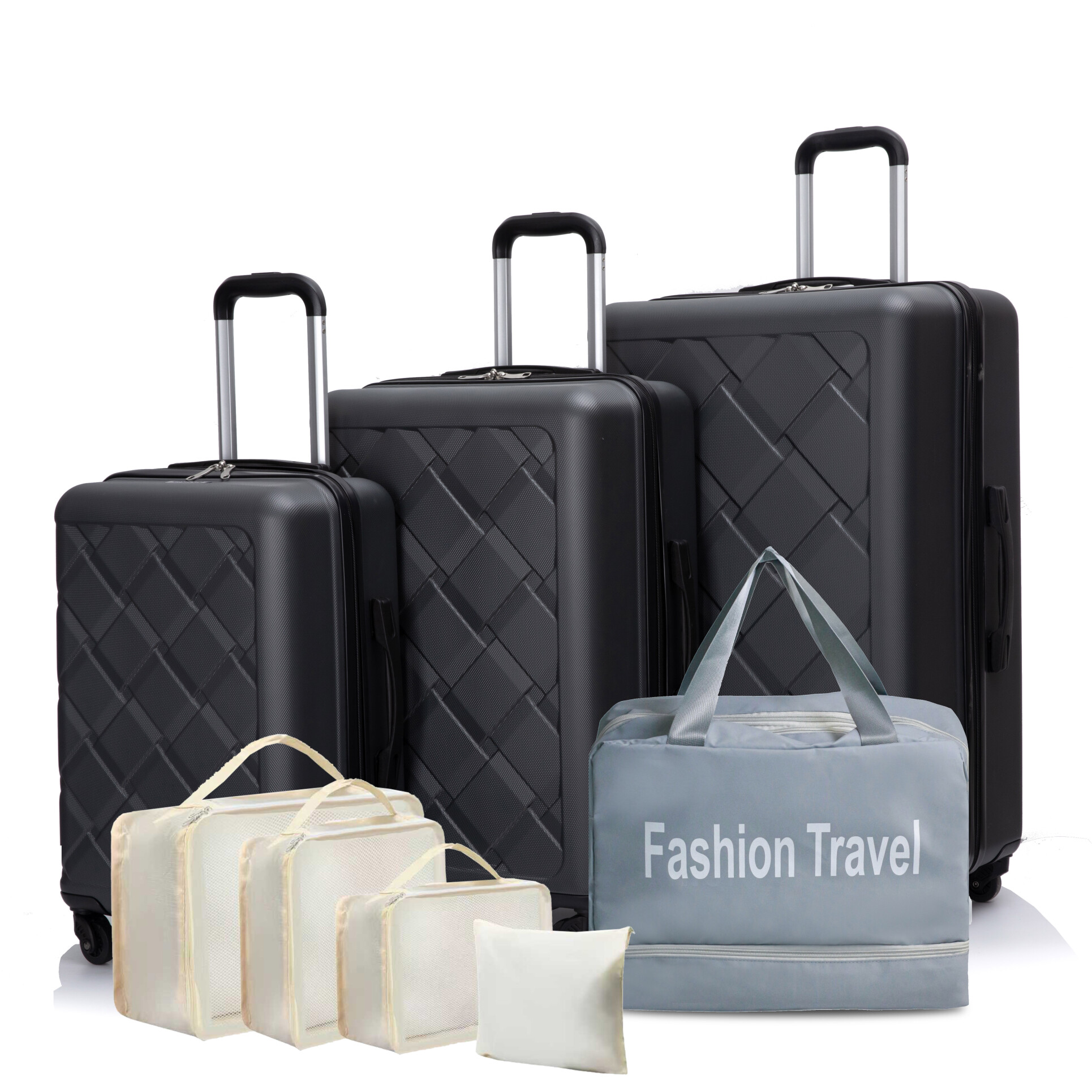 ABS Hardshell Luggage Set 8-Piece, 20/24/28 Inch Lightweight Suitcases with Spinner Wheels, Waterproof Shoe Bag + 4 Packing Cubes, TSA Lock for Short Trips, Long Journeys, Family Travel, Dark Grey
