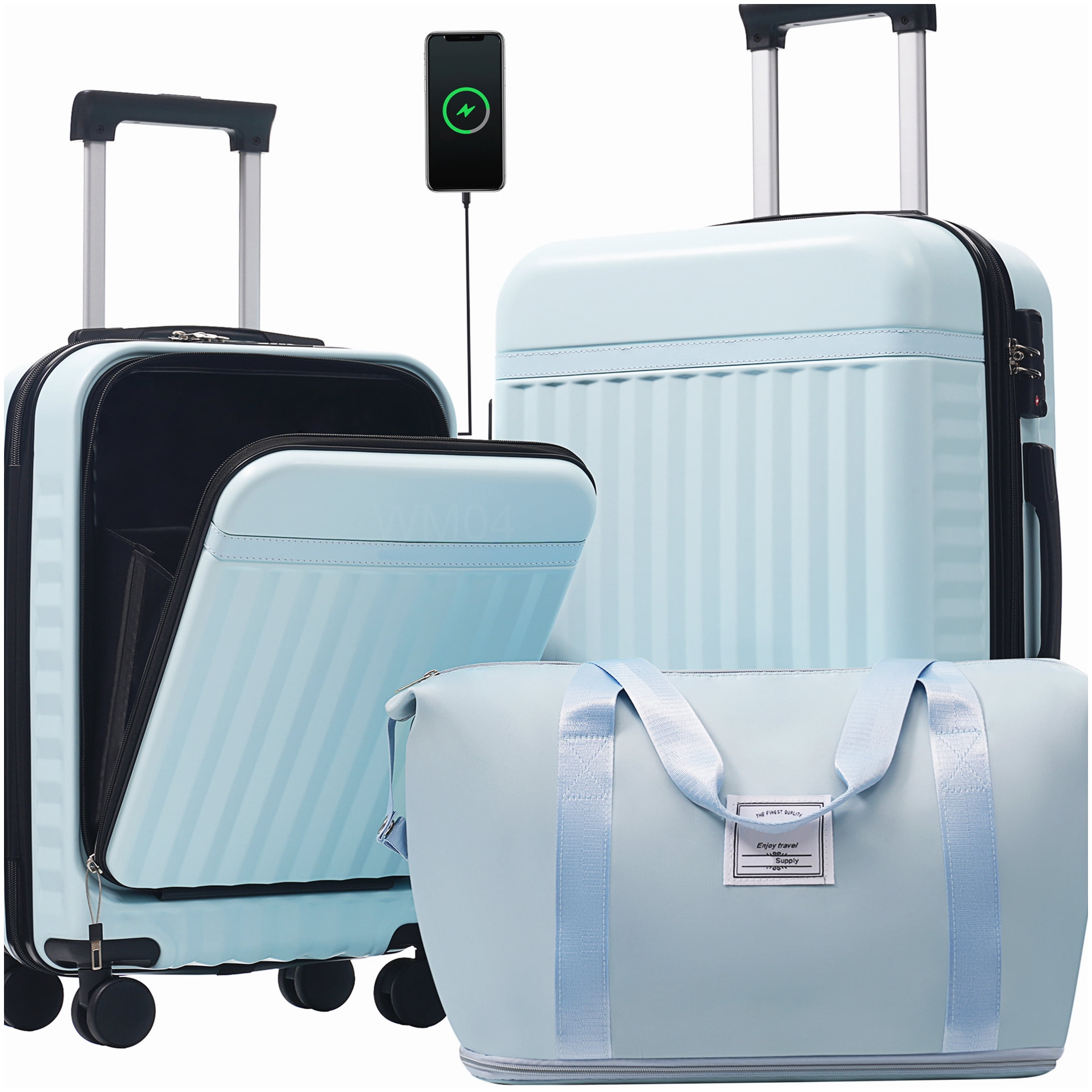 ABS Hardside 3-Piece Luggage Set with Front Opening & USB Charger, TSA Lock, Expandable Light Blue Suitcase with Wheels