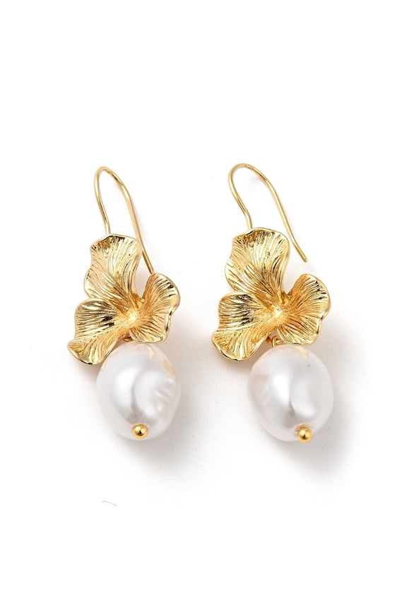 Imitation Pearl Flower Dangle Earrings Rack Plating Brass Jewelry for Women Real 18K Gold Plated 44~45mm Pin: 1mm