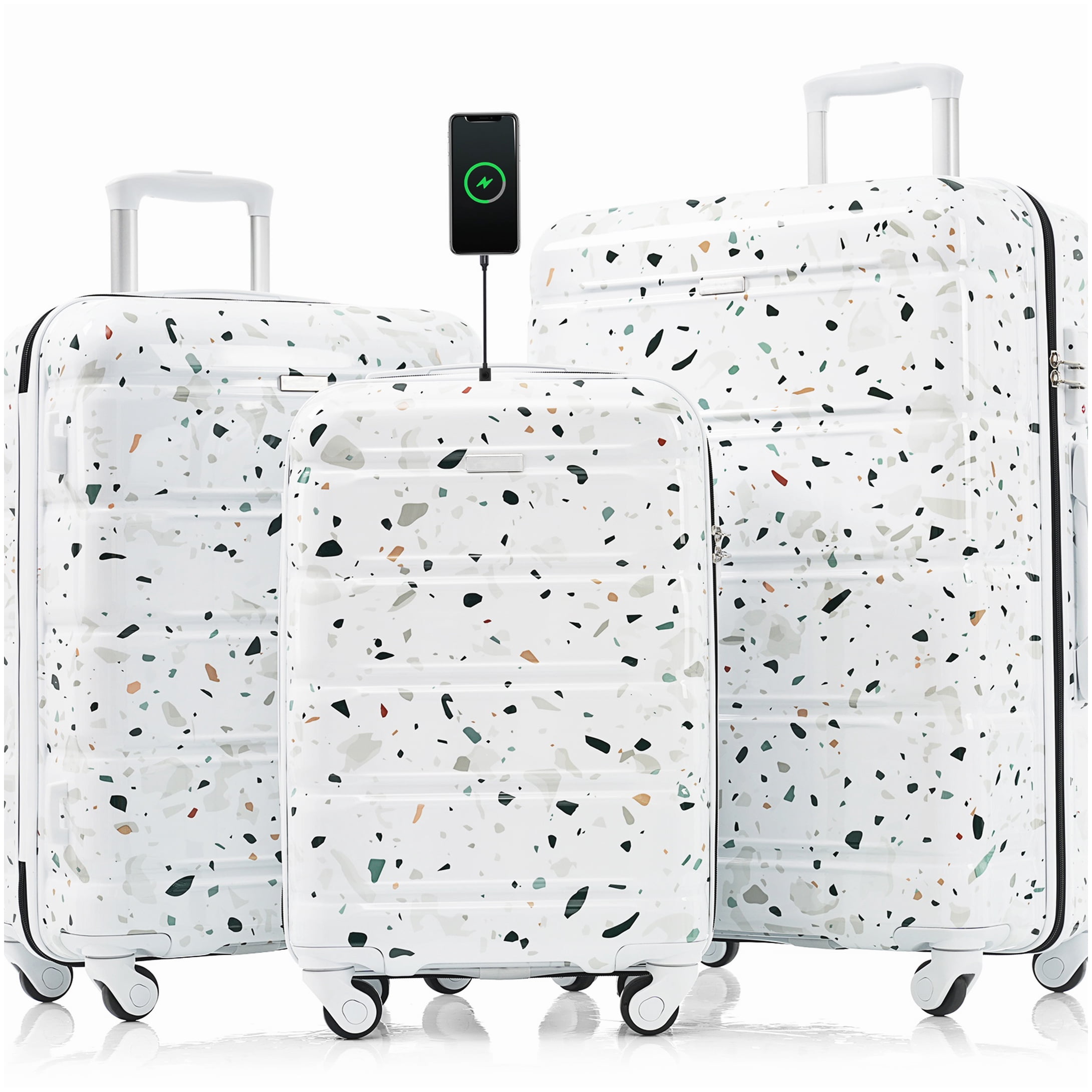 ABS PC Hard Shell Suitcase Set of 3 with USB, 20 Inch Carry On Luggage, 360° Spinner Wheels, White