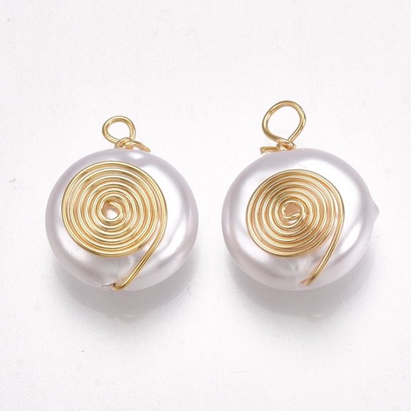 Plastic Imitation Pearl Pendants with Brass Findings Real 18K Gold Plated Flat Round White 16~17x12x6mm Hole: 1.5~2.5mm